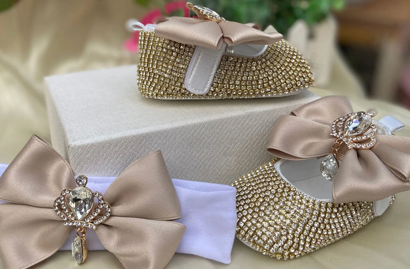 Luxurious Bling Shoes and Headpiece Set - Crown Beige