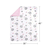 Ellie elephant pink lightweight baby blanket, 30x40, reversible fleece with pink polka dots and elephant pattern.