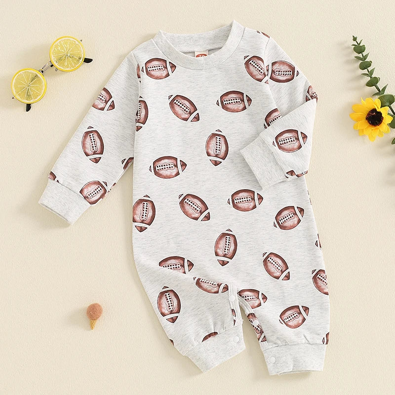 Side view of the Fun 'Football Cutie' Baby Romper With Football Print, highlighting the cute football design perfect for little sports fans.