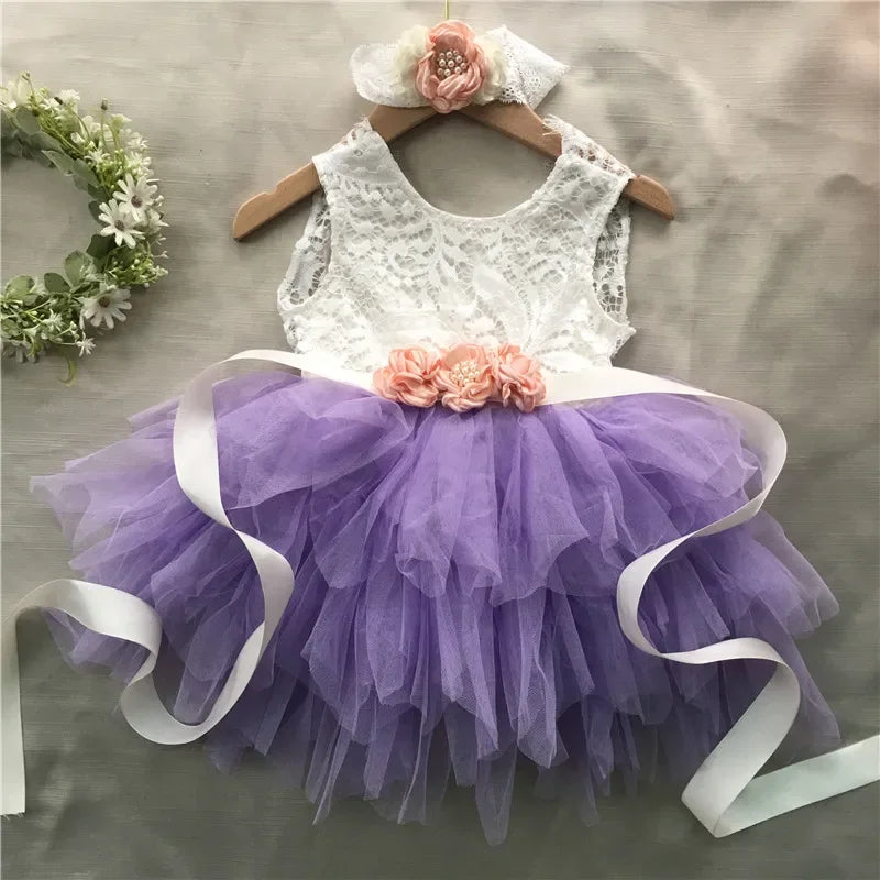 Elegant Roxane beaded lace dress with lavender tulle skirt, pink flower belt and matching headband - 3-piece set