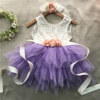 Elegant Roxane beaded lace dress with lavender tulle skirt, pink flower belt and matching headband - 3-piece set