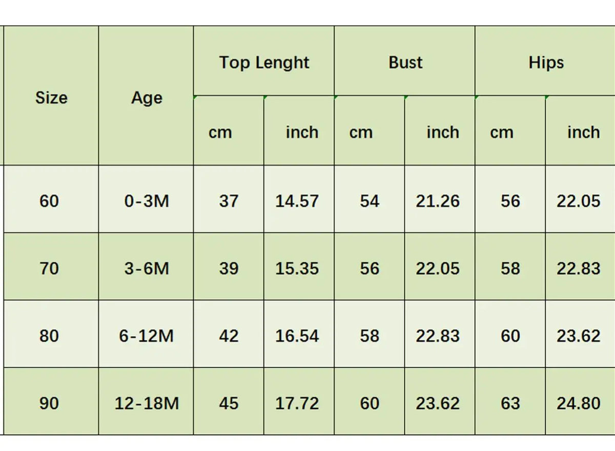 Baby seersucker bubble size chart showing top length, bust, and hip measurements in cm and inches for ages 0-18 months.