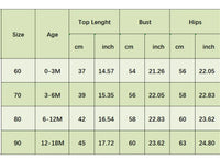 Baby seersucker bubble size chart showing top length, bust, and hip measurements in cm and inches for ages 0-18 months.