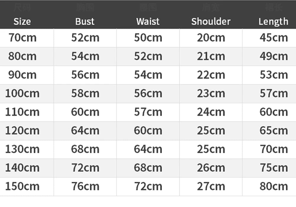 Measurement chart for clothing sizes with bust, waist, shoulder, and length dimensions.