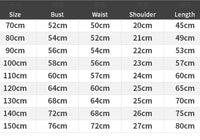 Measurement chart for clothing sizes with bust, waist, shoulder, and length dimensions.