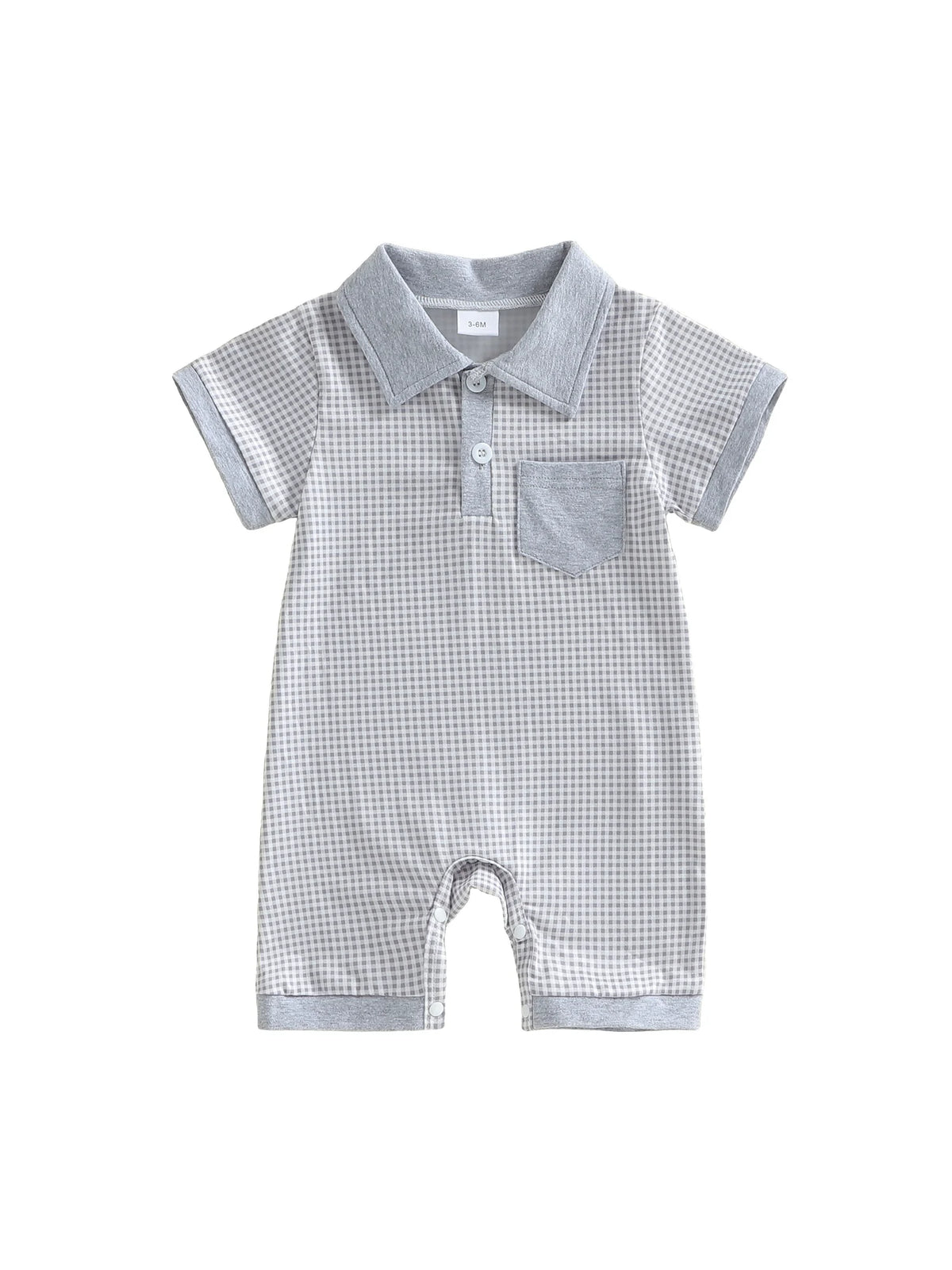 Colton Polo Boys Plaid Knit Romper with pocket detail, turn-down collar, button placket, short sleeves, grey plaid.