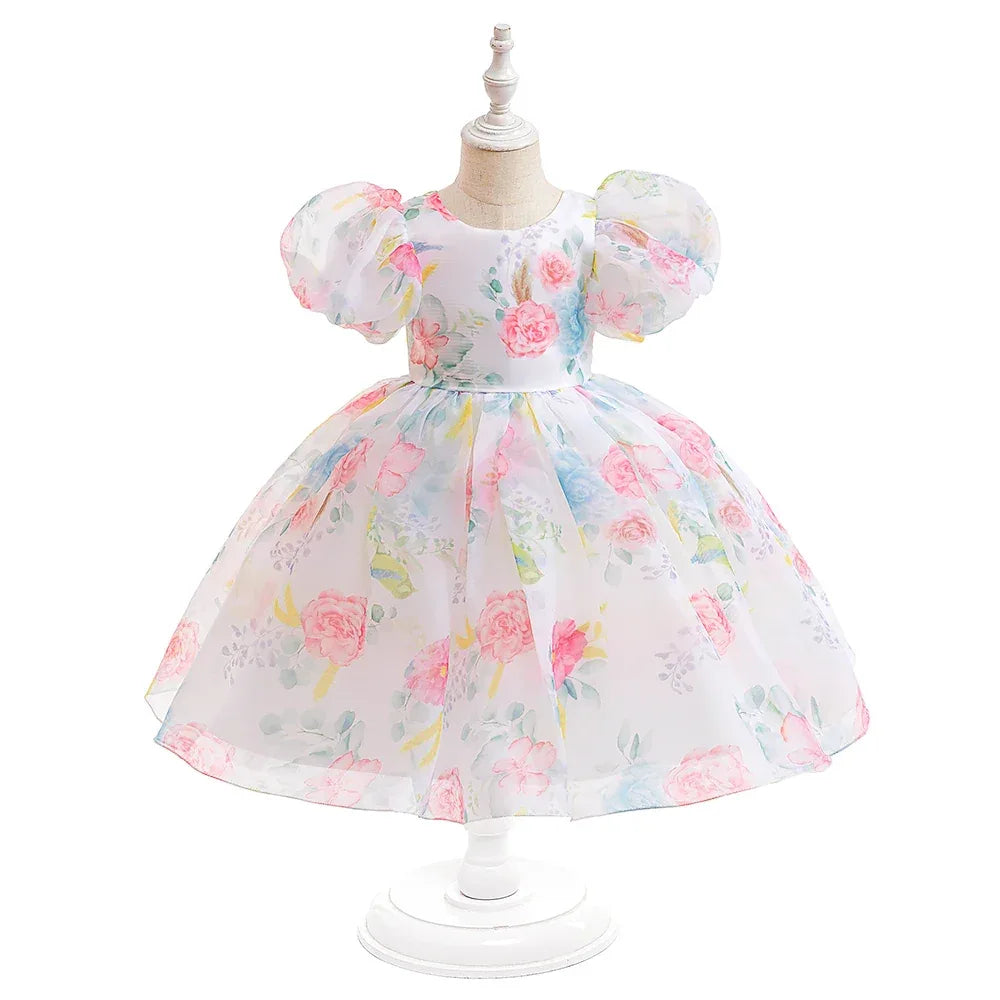 Celeste Elegant Dress for Girls - Puff Sleeves, Ruched Skirt, Wrinkle-Resistant Fabric - The Palm Beach Baby