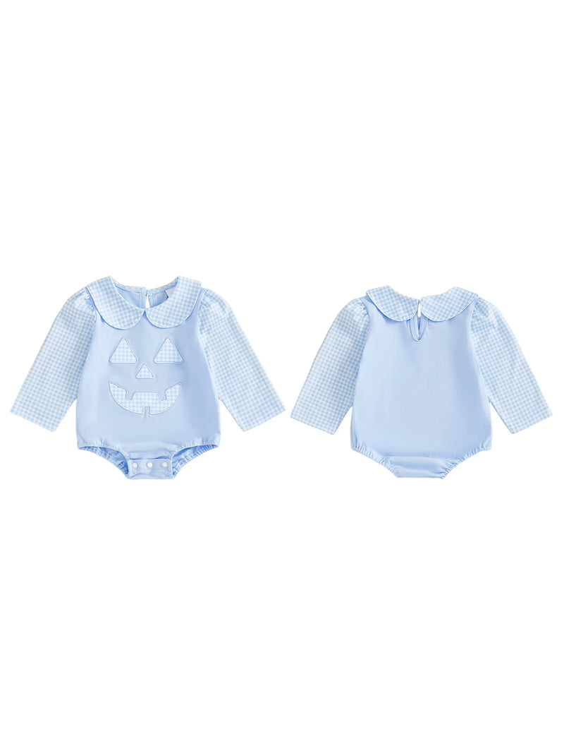 Front and back view of the "Peter Pumpkin" Adorable Baby Blue Romper with Snaps featuring a charming pumpkin graphic.