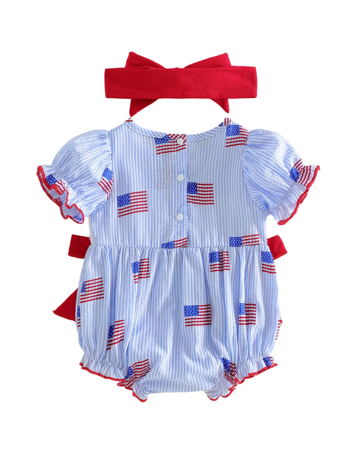 'Anna' American Flag Seersucker Romper with Adorable Bows and Headband - The Palm Beach Baby Estimated 12 - 18 Day Shipping