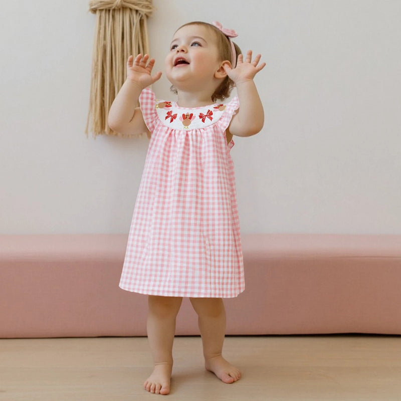 "Thanksgiving Seersucker" Embroidered A-line Dress - Pink
