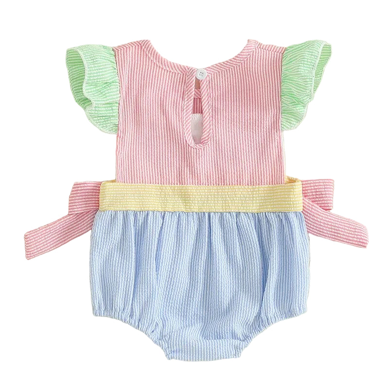 Embroidered Daddy's Girl or Mama's Mini striped seersucker bubble romper with pink bodice, green sleeves, blue bottom.