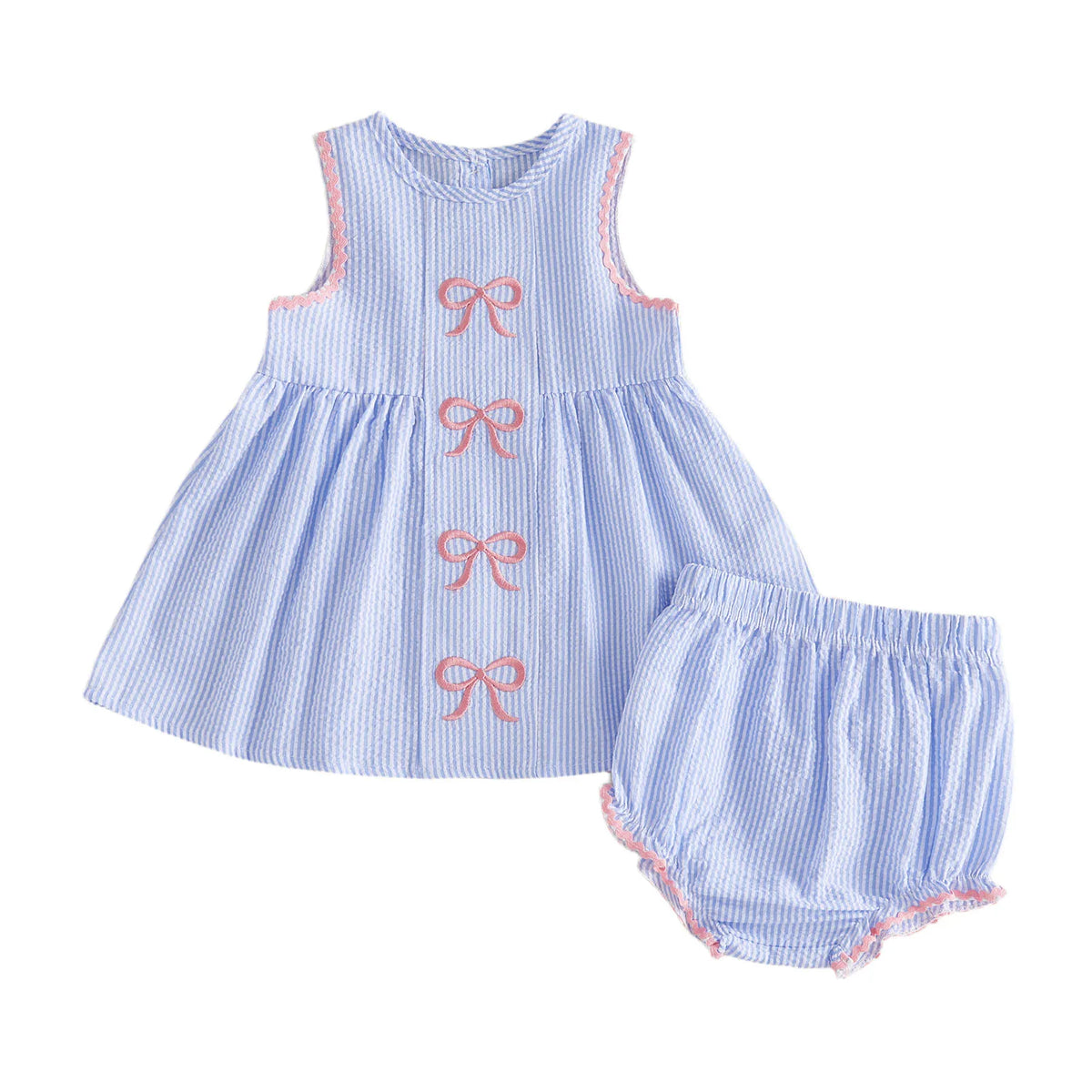 Little Bows seersucker dress with pink embroidered bows and matching bloomers set.