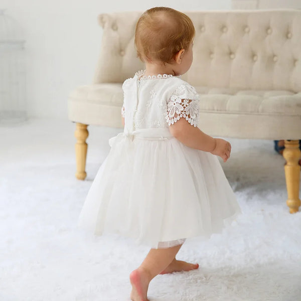 Beatrice Ann elegant white lace dress for little girls with short lantern sleeves, tulle skirt, sash waist