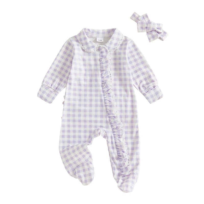 Newborn Checks and Frills Footie Set in Palm Way purple displayed with a matching headbow, showcasing a playful checkered design.