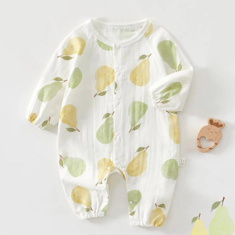 Fruity Tootie Lightweight Baby Romper featuring a playful pear print, perfect for ages 0-1 year. This lightweight baby romper is stylish and comfortable for warm days.