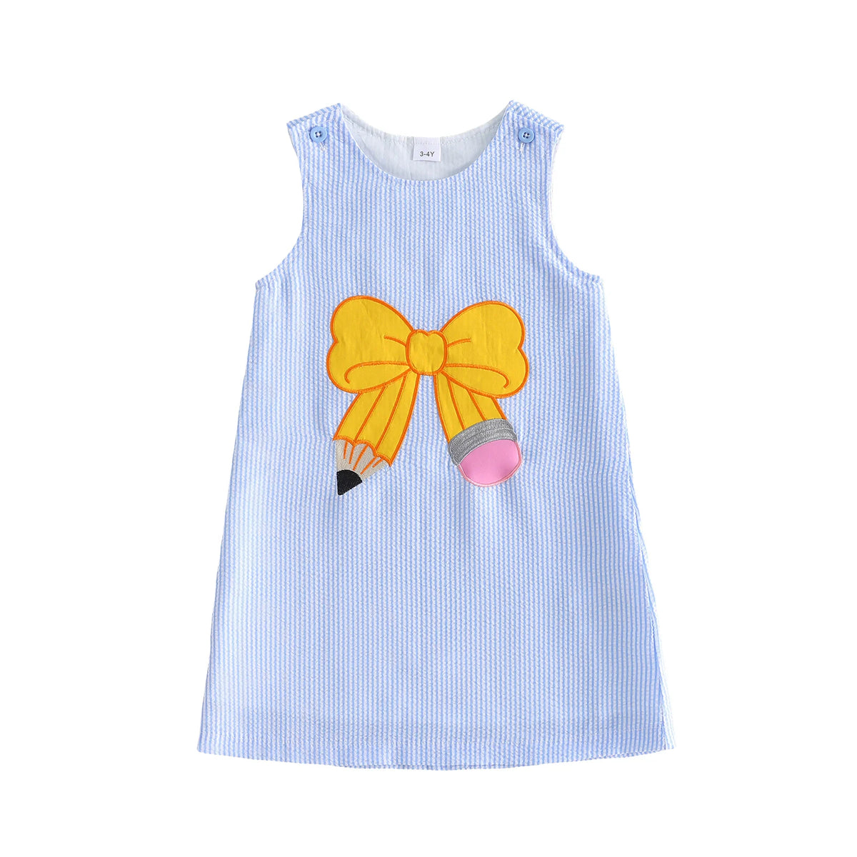 Blue seersucker sleeveless dress with bright yellow bow embroidery and pencil motif.
