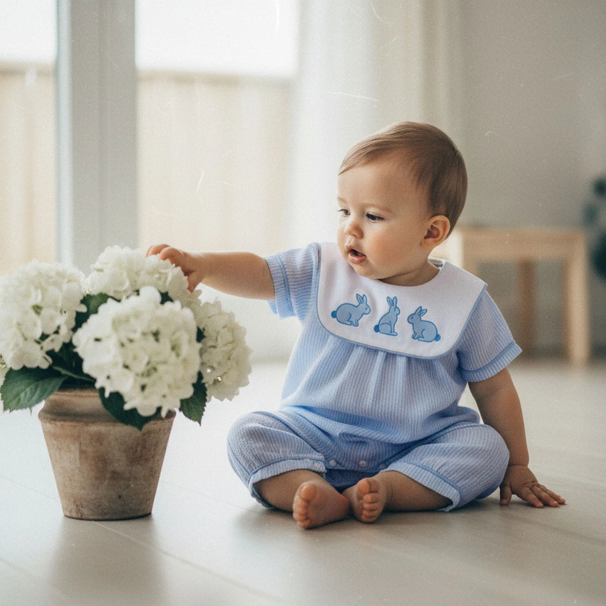 My Little Blue Bunny Embroidered Seersucker Baby Romper - The Palm Beach Baby Estimated 12 - 20 Day Shipping