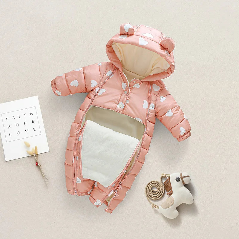 Adorable hooded Cozy Warm Printed Toddler Baby Snowsuit perfect for keeping little ones cozy in the snow.