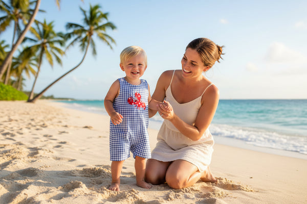 Summer Daze baby romper: blue gingham with red lobster applique, sleeveless with shoulder buttons, easy diapering.