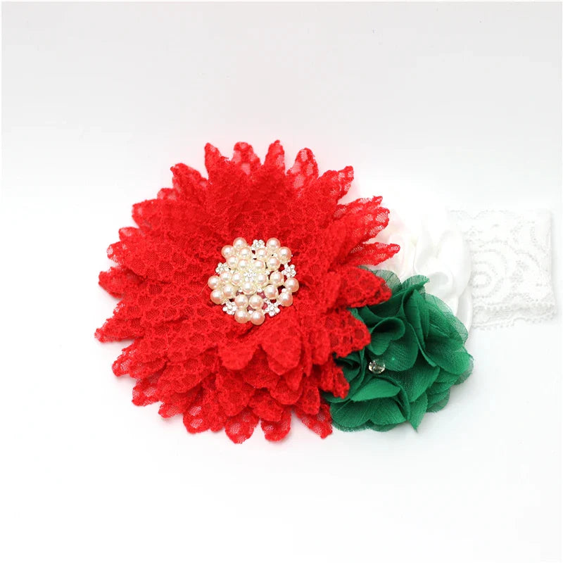 Elegant Chiffon Beaded Baby Hair Accessories showcasing a gorgeous red flower with white accents, adding a pop of color for festive occasions.