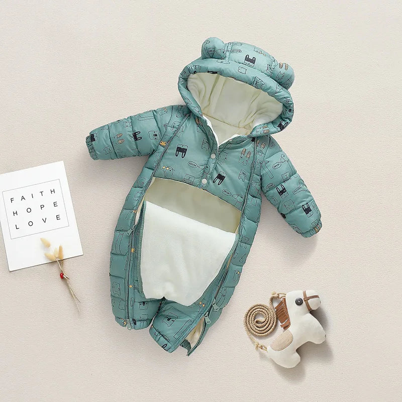 Cozy Warm Printed Toddler Baby Snowsuit with hood, fleece lined for winter warmth. Perfect for outdoor play.