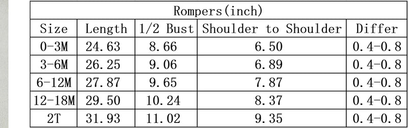 Size chart for the 'Pumpkins and Flowers' romper, displaying measurements in inches for various sizes.