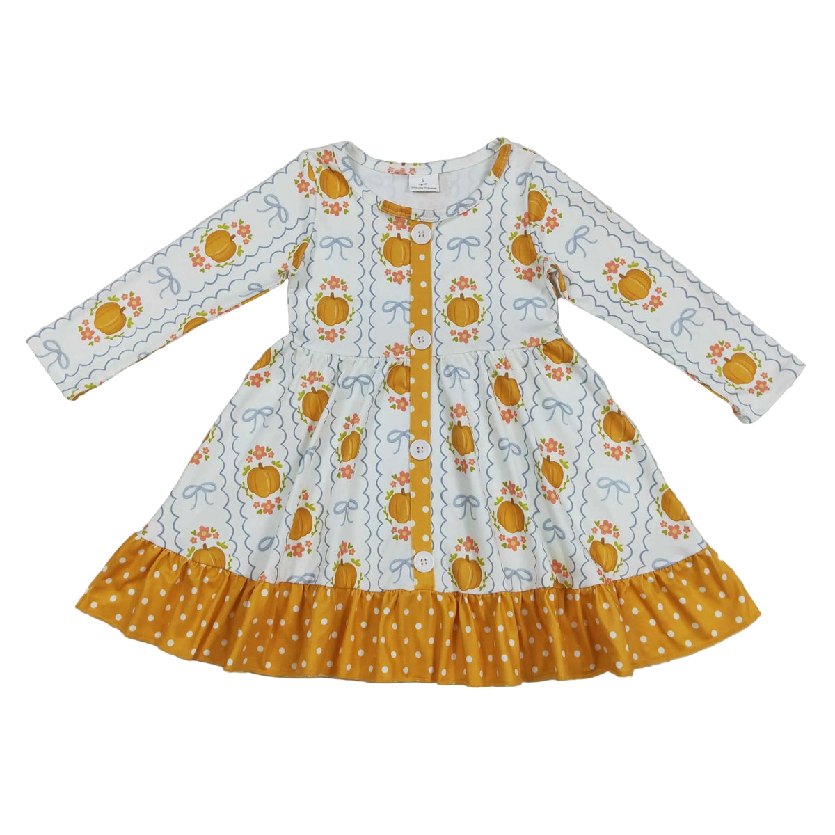 Cute long sleeve A-line dress featuring pumpkin and floral print with blue bow accents, yellow polka dot ruffle hem, and front buttons.