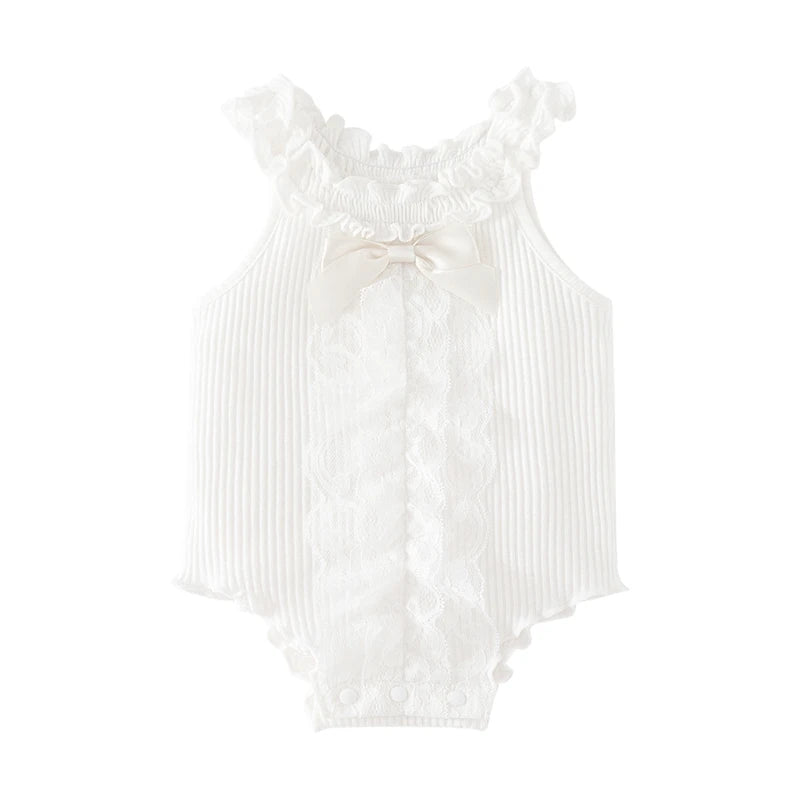 Ruffle Baby! Adorable Knit Romper in classic white, designed with ruffles, a satin bow, and delicate lace for a charming touch.