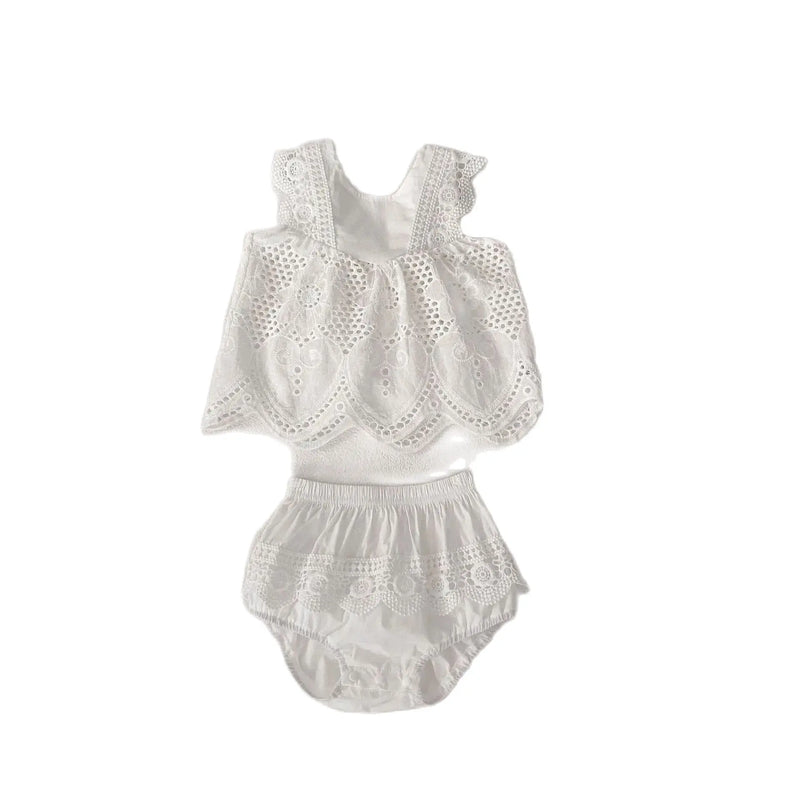 Full view of the Summer Sweet Lace Baby's Romper, highlighting the two-piece sleeveless outfit with classic white eyelet lace, perfect for summer adventures.