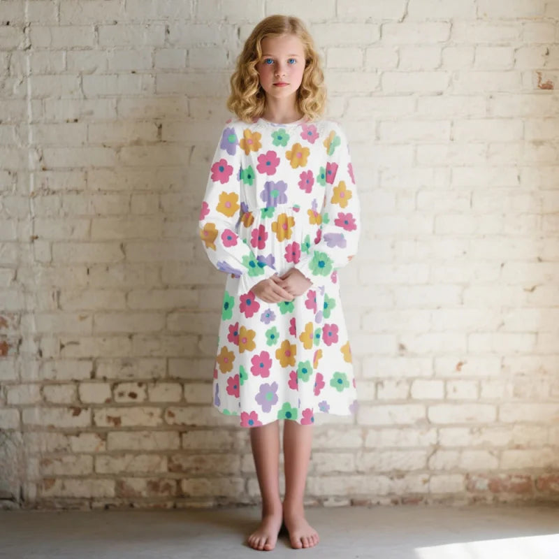 "Flower Power" Cute Retro Long Sleeve Girls Dress