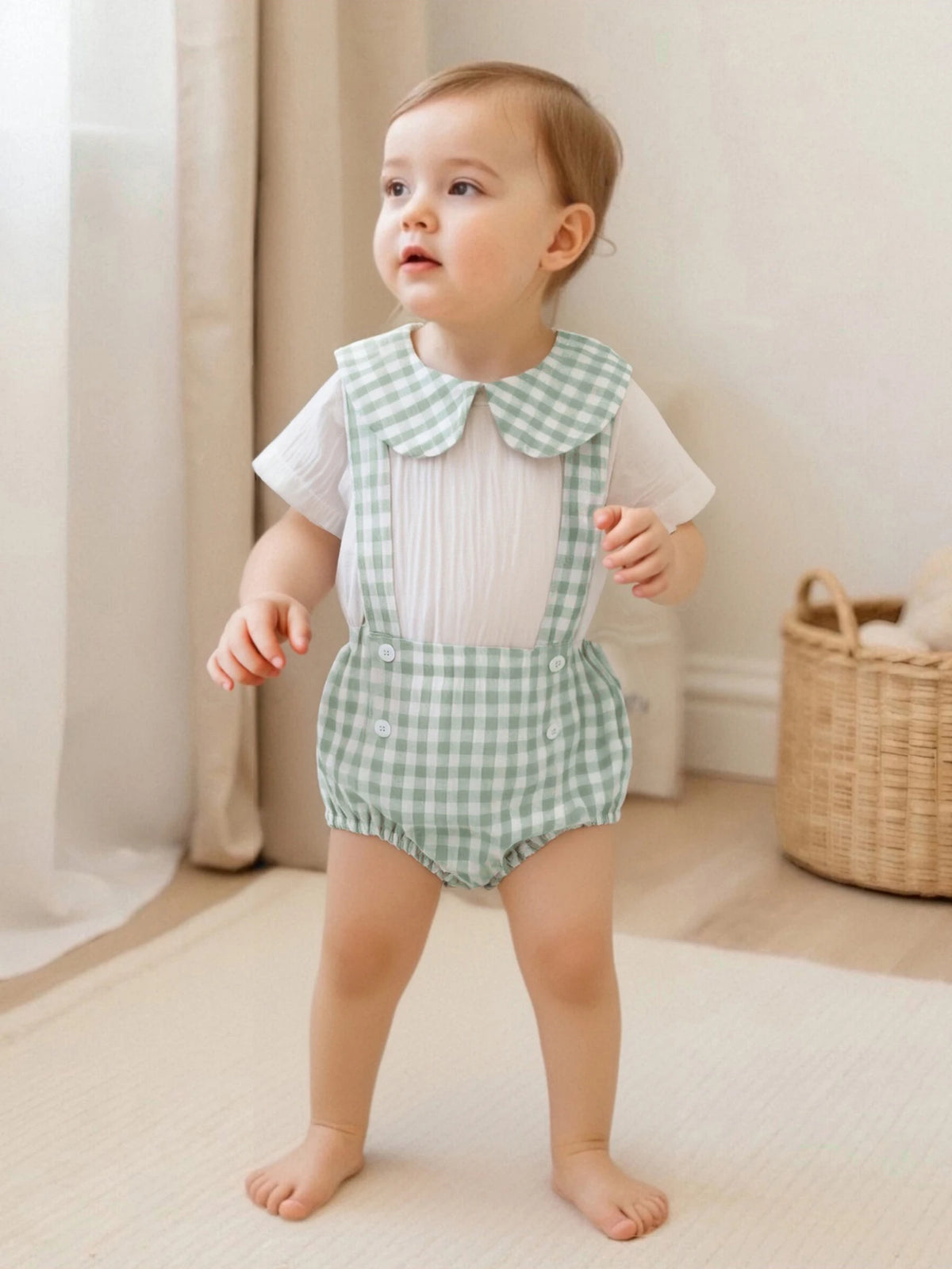 Carlton check romper set for baby boy in mint-green gingham with large collar and front buttons.