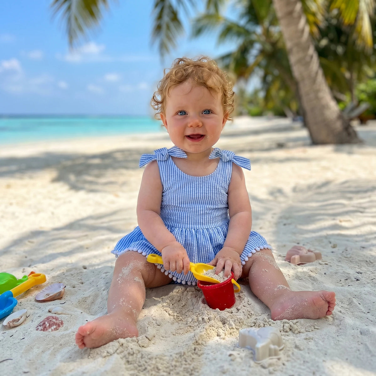 Baby wearing Suzie Seersucker Stripe Frilly Romper at the beach, blue-and-white stripes with shoulder bows.