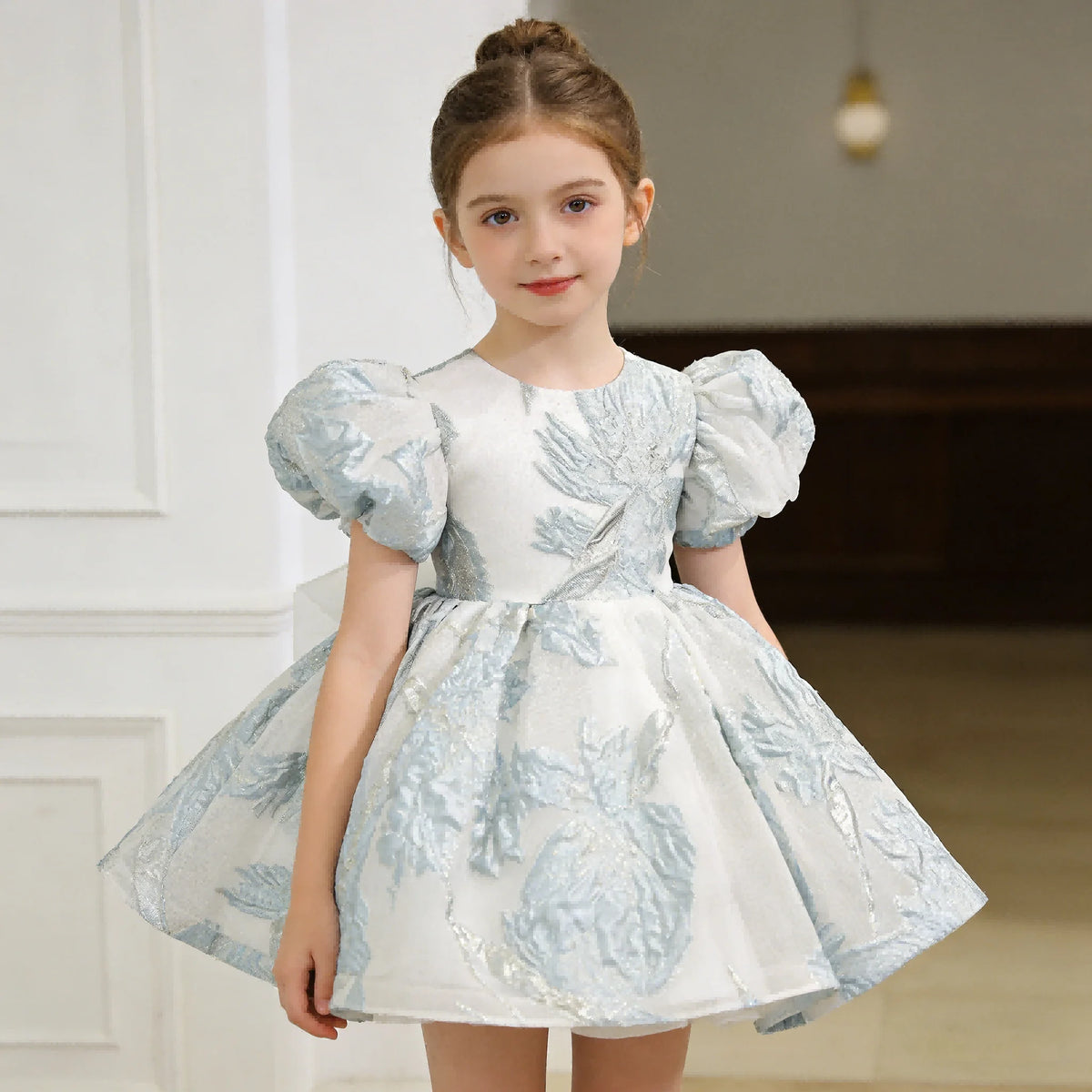 Claire Party Dress Brocade With Puff Sleeves For Girls - The Palm Beach Baby Estimated 12 - 20 Day Shipping