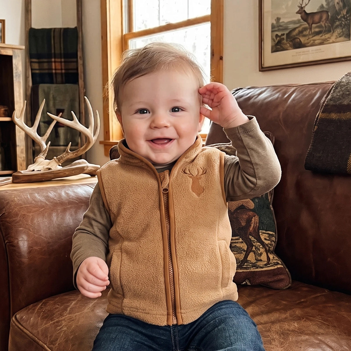 Trevor Khaki Lightweight Zippered Deer Embroidered Boys Vest - Soft and Comfy