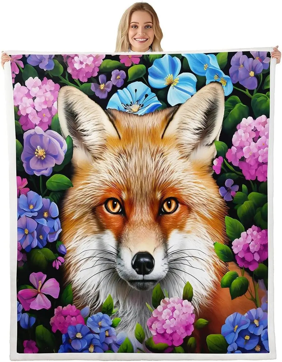 Jungle Rumble double-sided children's blanket featuring a fox among vibrant flowers in a 3D print design.