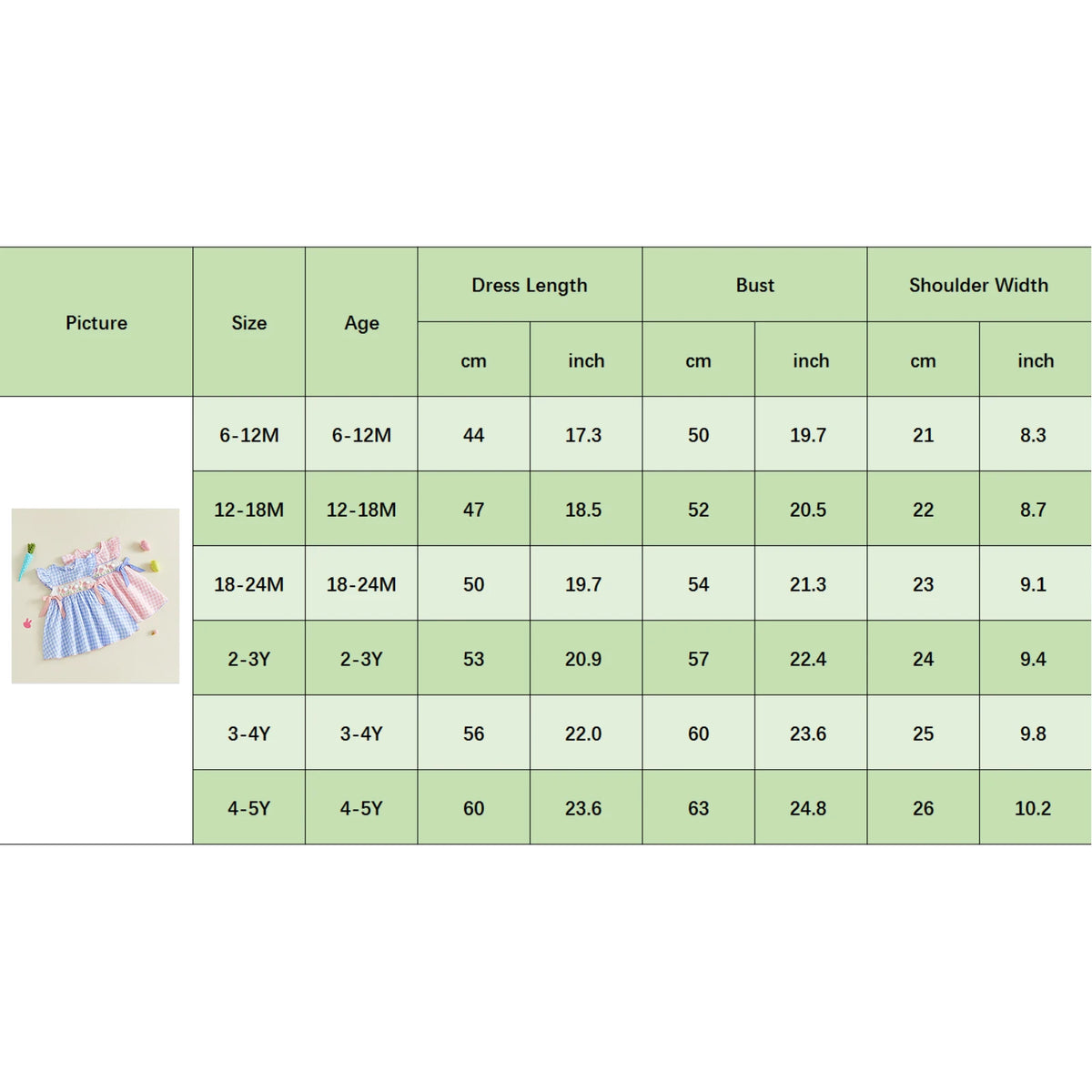 Frilly Bunnies Embroidered Dress in Palm Beach Pink or Boca Blue for ages 12m-5y, shown with size chart.