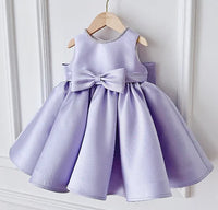 Patience Marie lavender beaded sleeveless princess dress for girls, knee-length with large satin bow at waist.