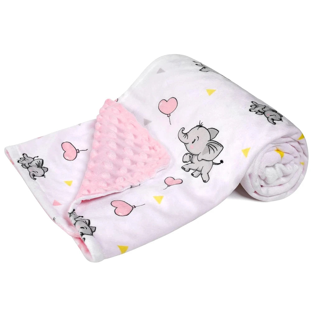 Soft pink elephant baby blanket, fleece with raised pink polka dots on one side and elephant print on the other, 30x40.