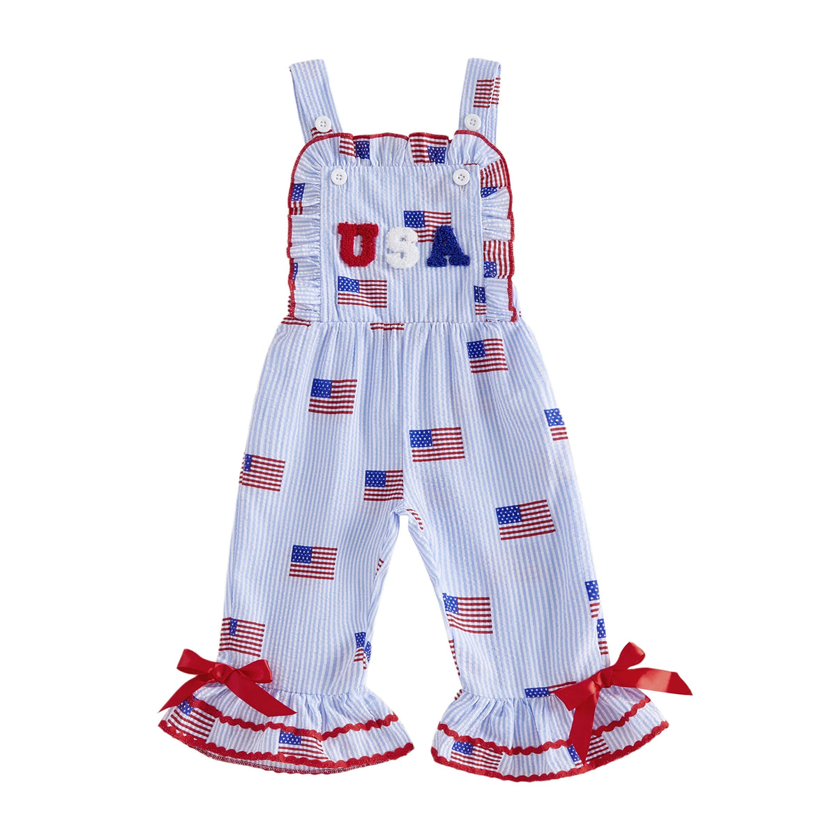 Patriotic Paula Adorable Seersucker Stripe and Flag Print Overalls - The Palm Beach Baby Estimated 12 - 20 Day Shipping