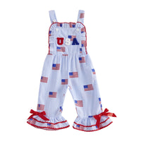 Patriotic Paula Adorable Seersucker Stripe and Flag Print Overalls - The Palm Beach Baby Estimated 12 - 20 Day Shipping