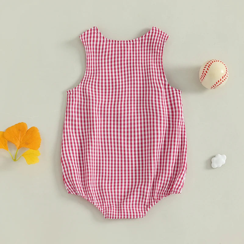Back view of the red checked bubble romper from the "Ball Four" collection, ideal for summer outings with kids.