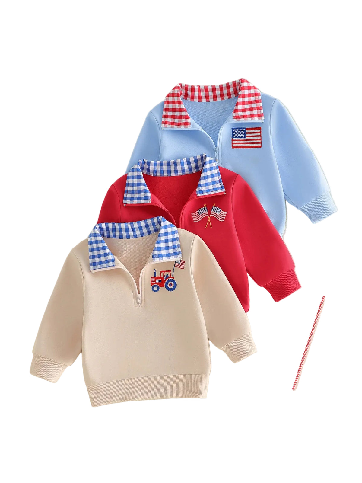 Three children's sweaters in red, blue, and beige with checkered collars on a beige background.