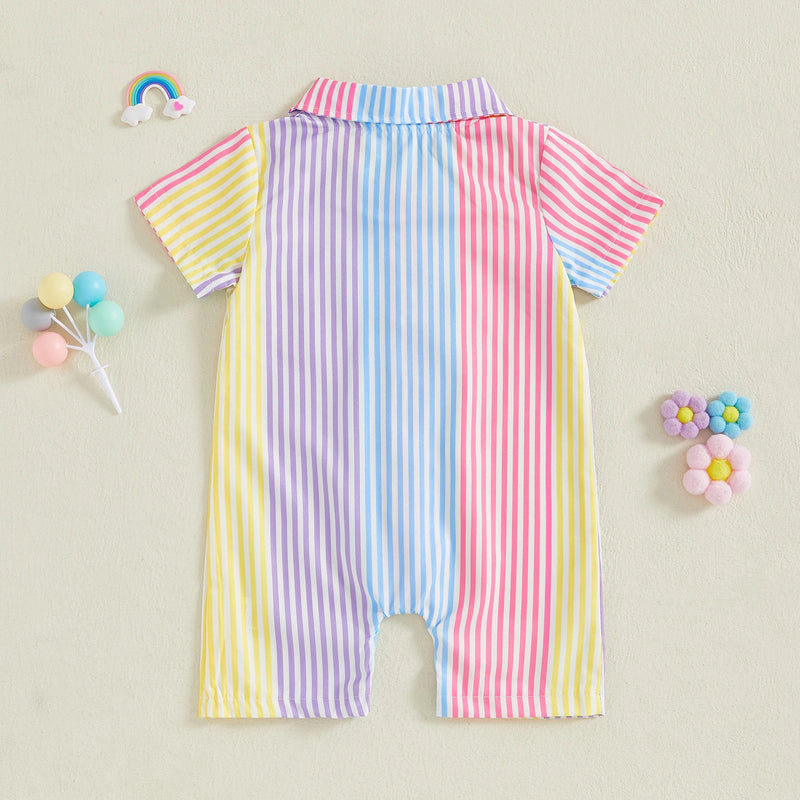 Back view of the "Ryan" Adorable Striped Romper showcasing lively stripe patterns, ideal for sunny days and summer adventures for infants.