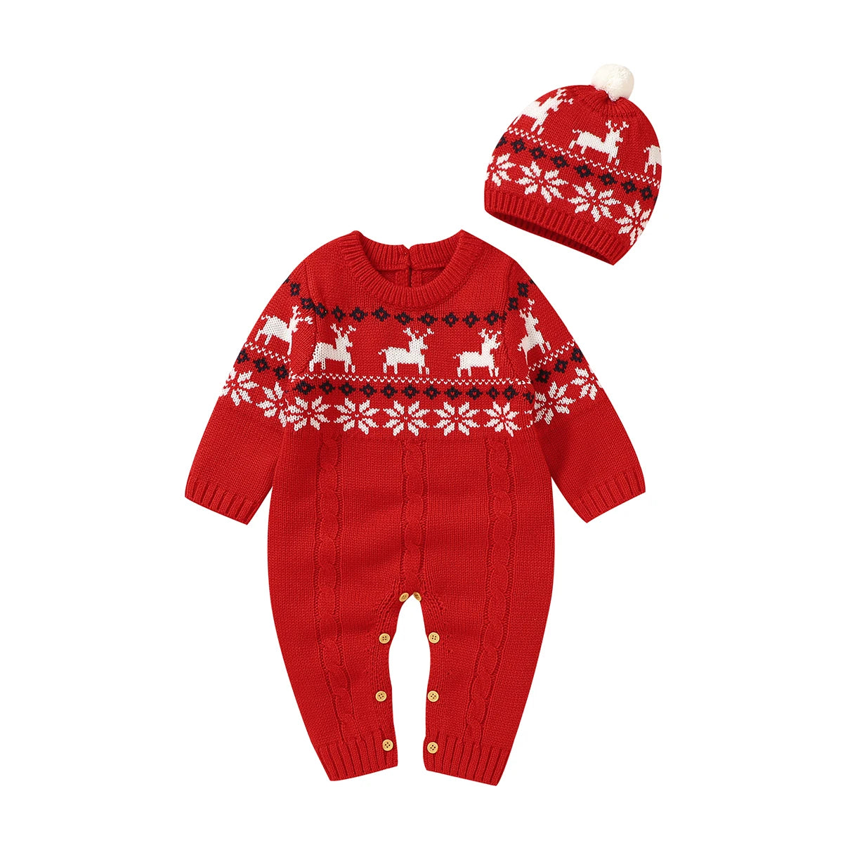A playful winter knit romper in red with holiday designs, displayed with a matching hat, from the 'Winter Sweeties' collection.