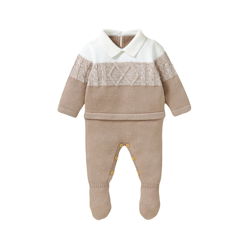 Baby Corey Knit Footed Romper in a light brown color, designed for comfort and warmth with a classic collar.