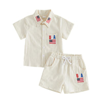Patriotic Cutie Short Sleeve Shirt & Elastic Waistband Boys Shorts Set - The Palm Beach Baby Estimated 10 - 18 Day Delivery