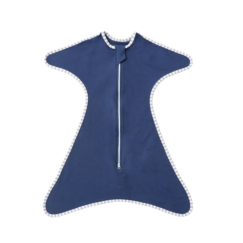 Front view of a navy Cozy Cotton Anti-Kick Calming Baby Sleeping Sack, a stylish choice for infant sleep.