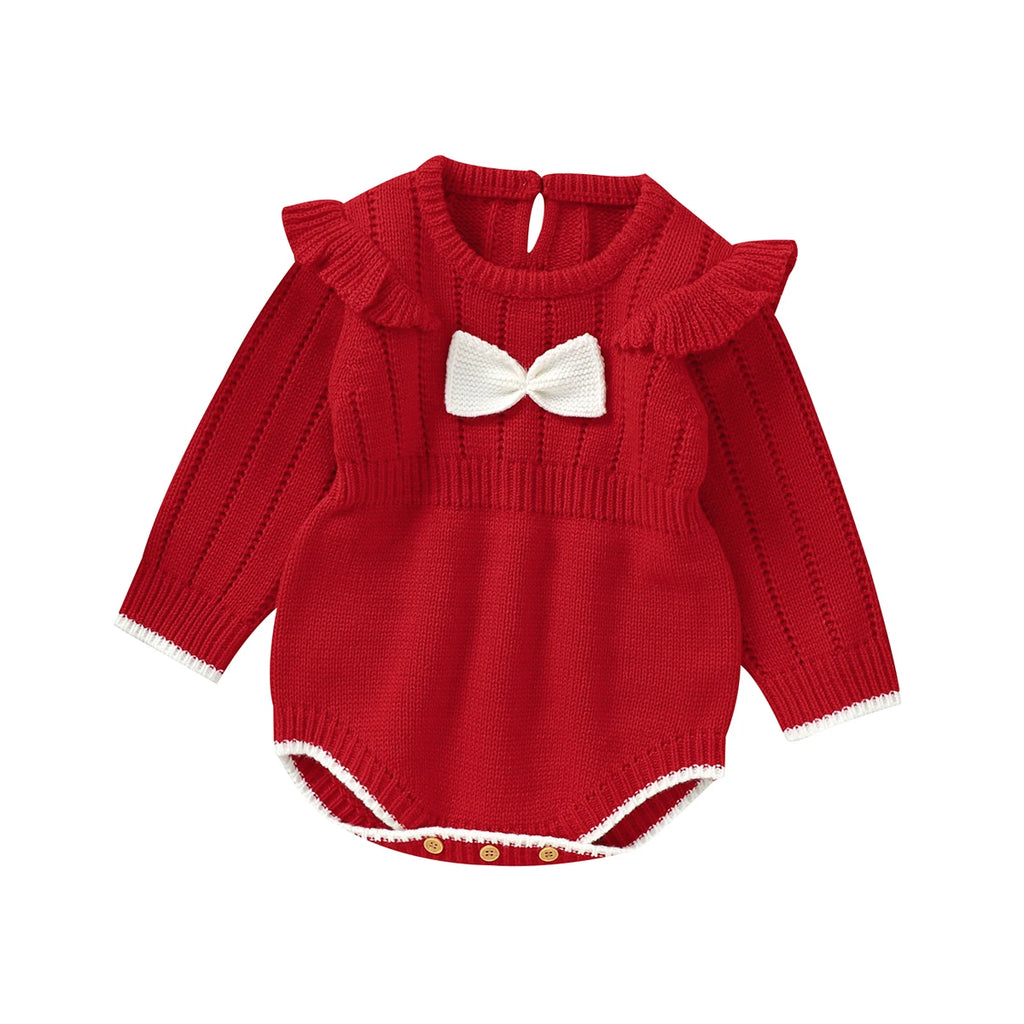 Bowtie Cutie Long Sleeve Knitted Bubble in Holiday Red featuring a charming design with a Peter Pan collar and bowtie accent.