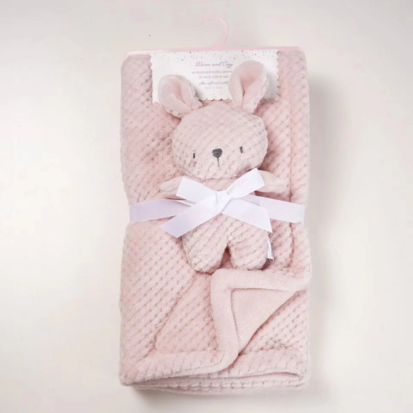 Soft pink knit baby blanket 2-piece set with plush bear head and white ribbon, ideal baby gift.