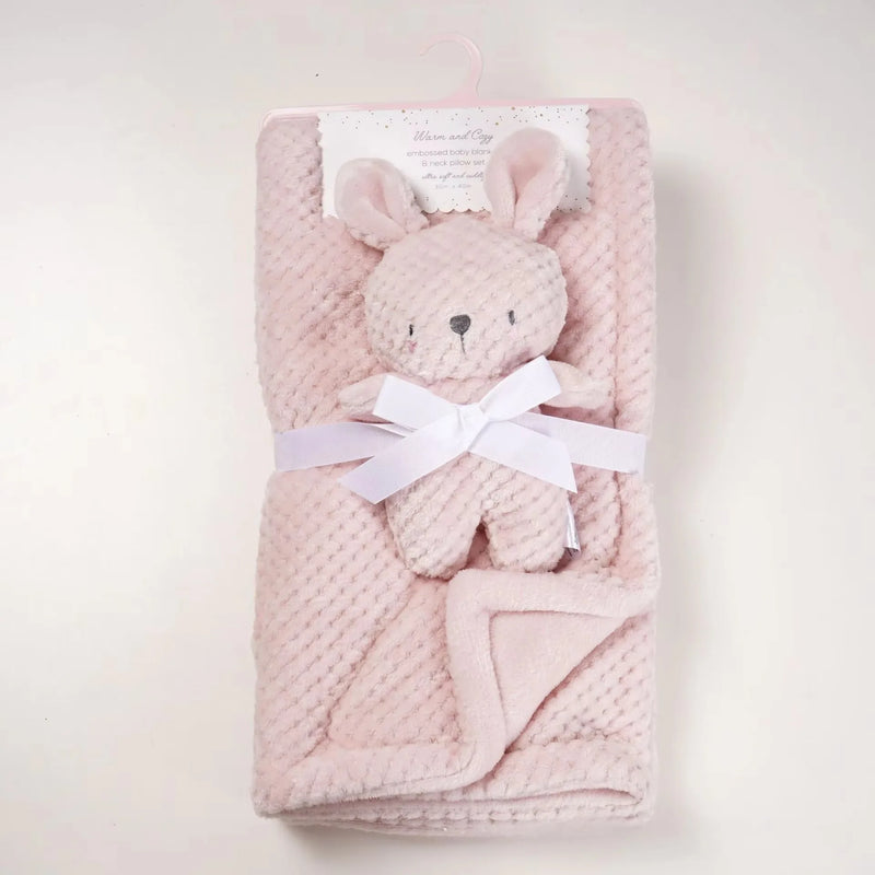 Soft pink knit baby blanket 2-piece set with plush bear head and white ribbon, ideal baby gift.